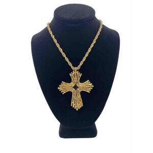Vintage Crown Trifari Brutalist Cross Necklace 24" Chain, Used